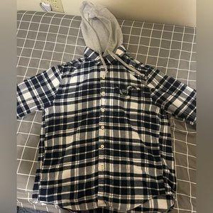 American Eagle Men White Blue Plaid Flannel Hoodie-With Detachable Hood SHIRT M